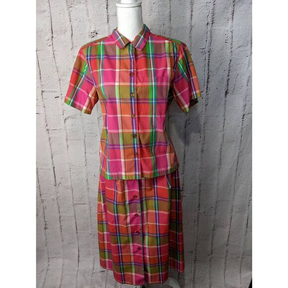 Vintage 80s Womens 8 Petite Rainbow Madras Plaid Button Shirt Knee Skirt Two Pie - Picture 1 of 11